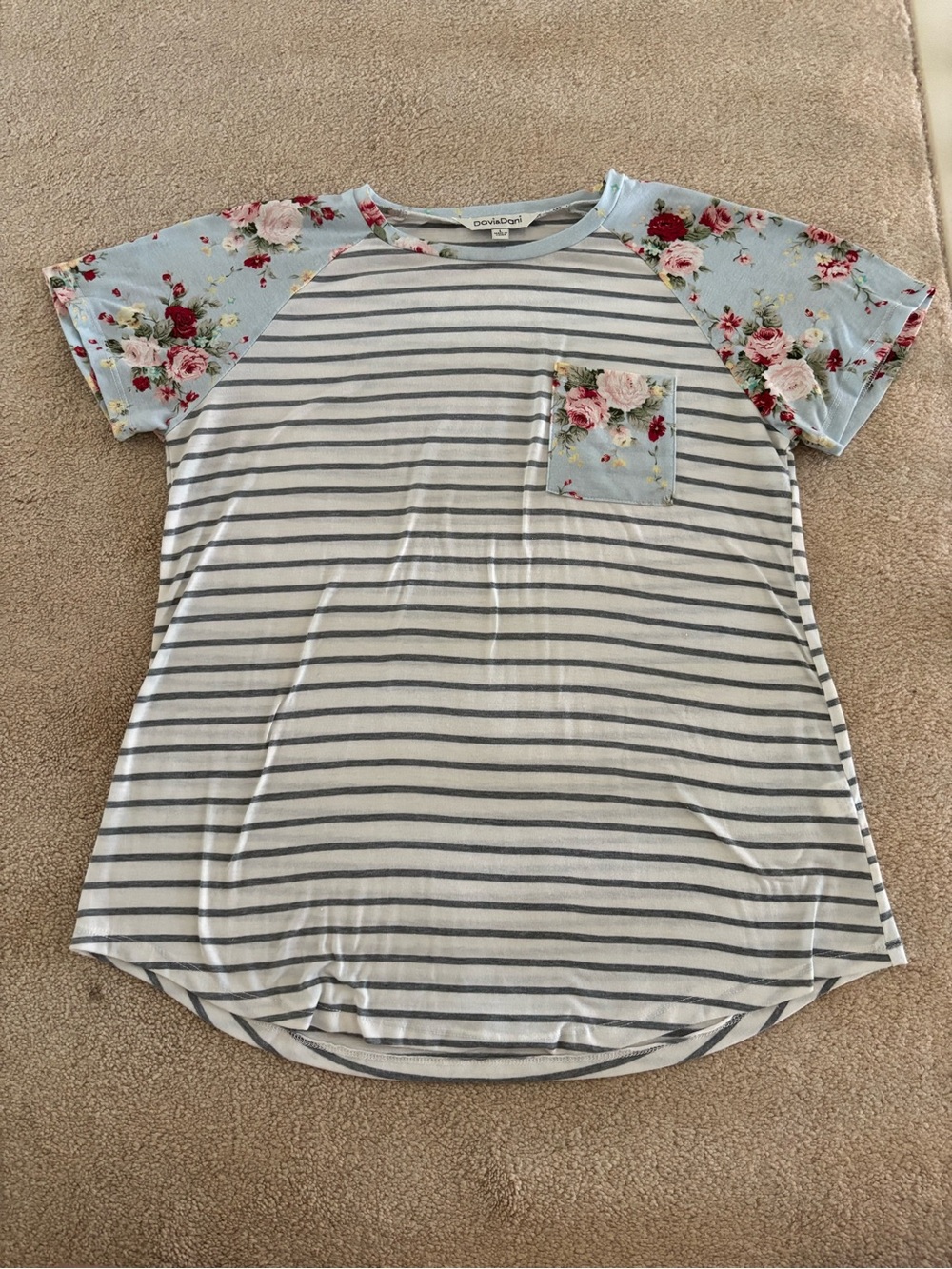 DAVI & DANI White Tee With Gray Stripes with Floral Raglan Sleeves